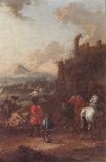 August Querfurt Cavalrymen before a hilltop town oil on canvas